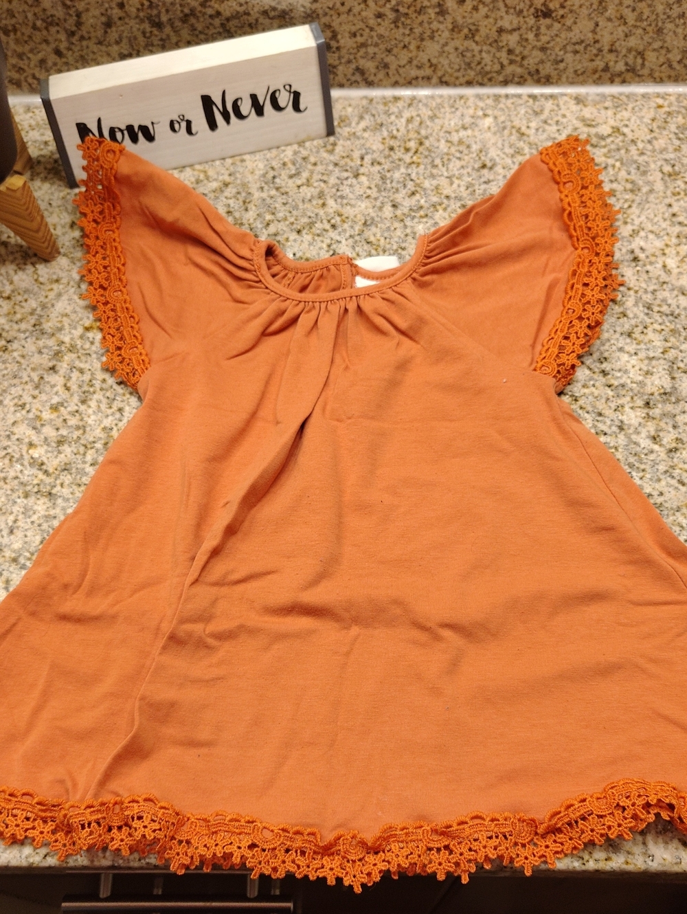 Shabby Chic Burnt Orange Lace-Trim Flutter Sleeve Tunic